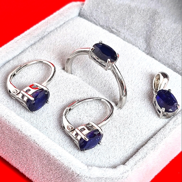 Natural Blue Sapphire set "Celeste". 925 Sterling  Earrings, Pendant, Ring 5.75 - Picture 2 of 15